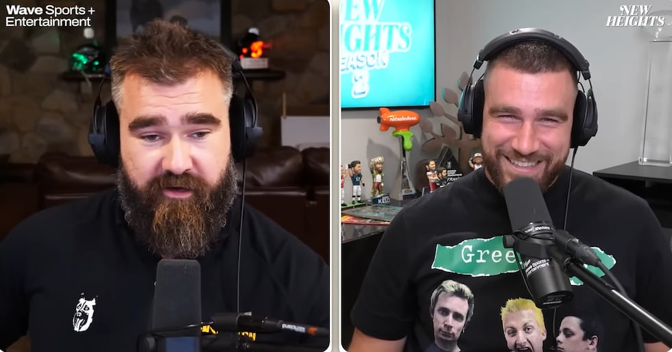 Jason (left) and Travis Kelce on their New Heights podcast in an episode released on Nov. 15,...