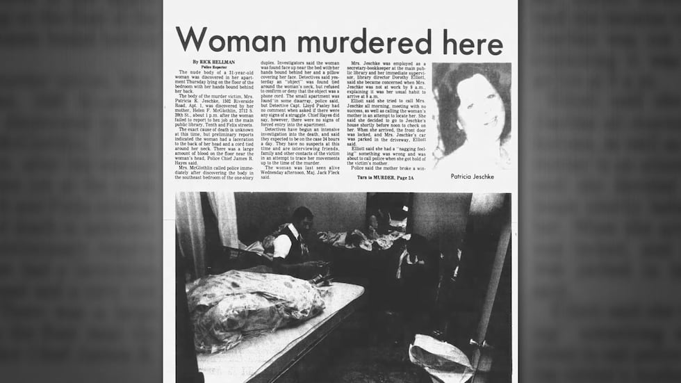 A newspaper headline reading "Woman murdered here."