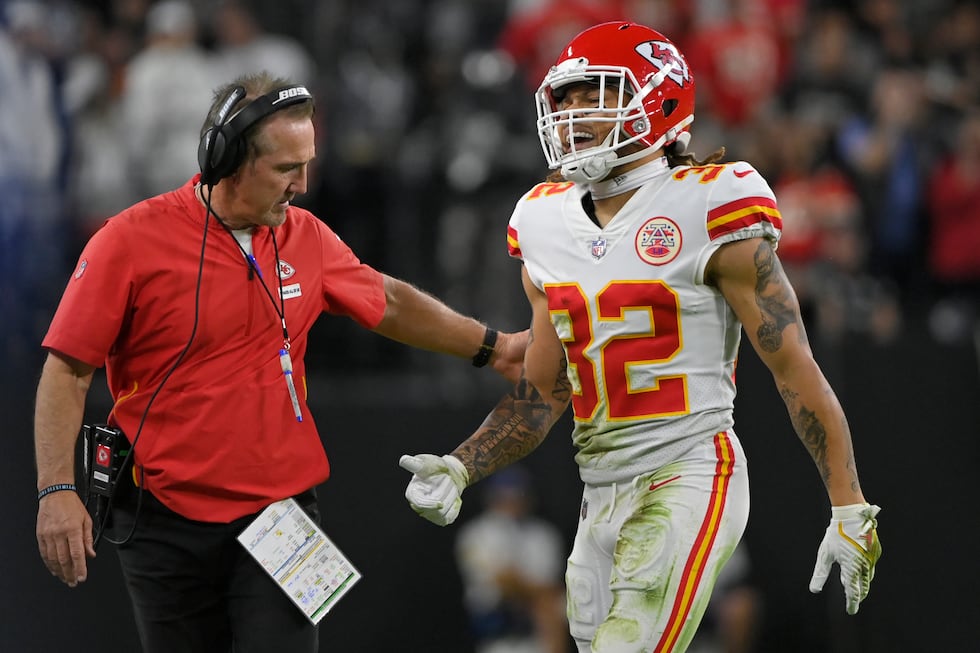 Kansas City Chiefs free safety Tyrann Mathieu (32) after recovering a fumble by Las Vegas...
