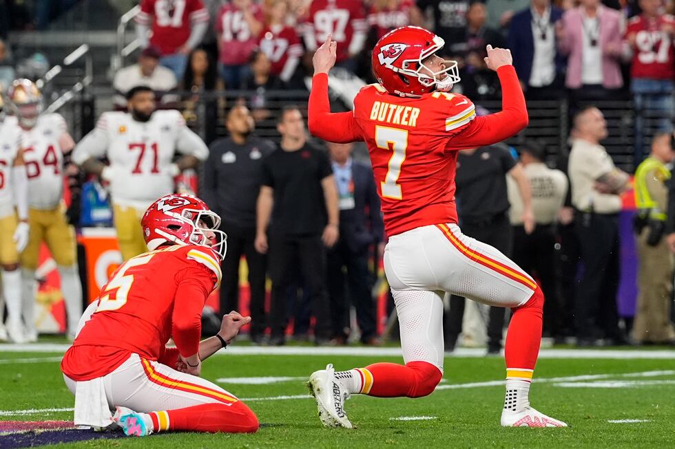 Kansas City Chiefs kicker Harrison Butker (7) watches his field goal split the uprights as...