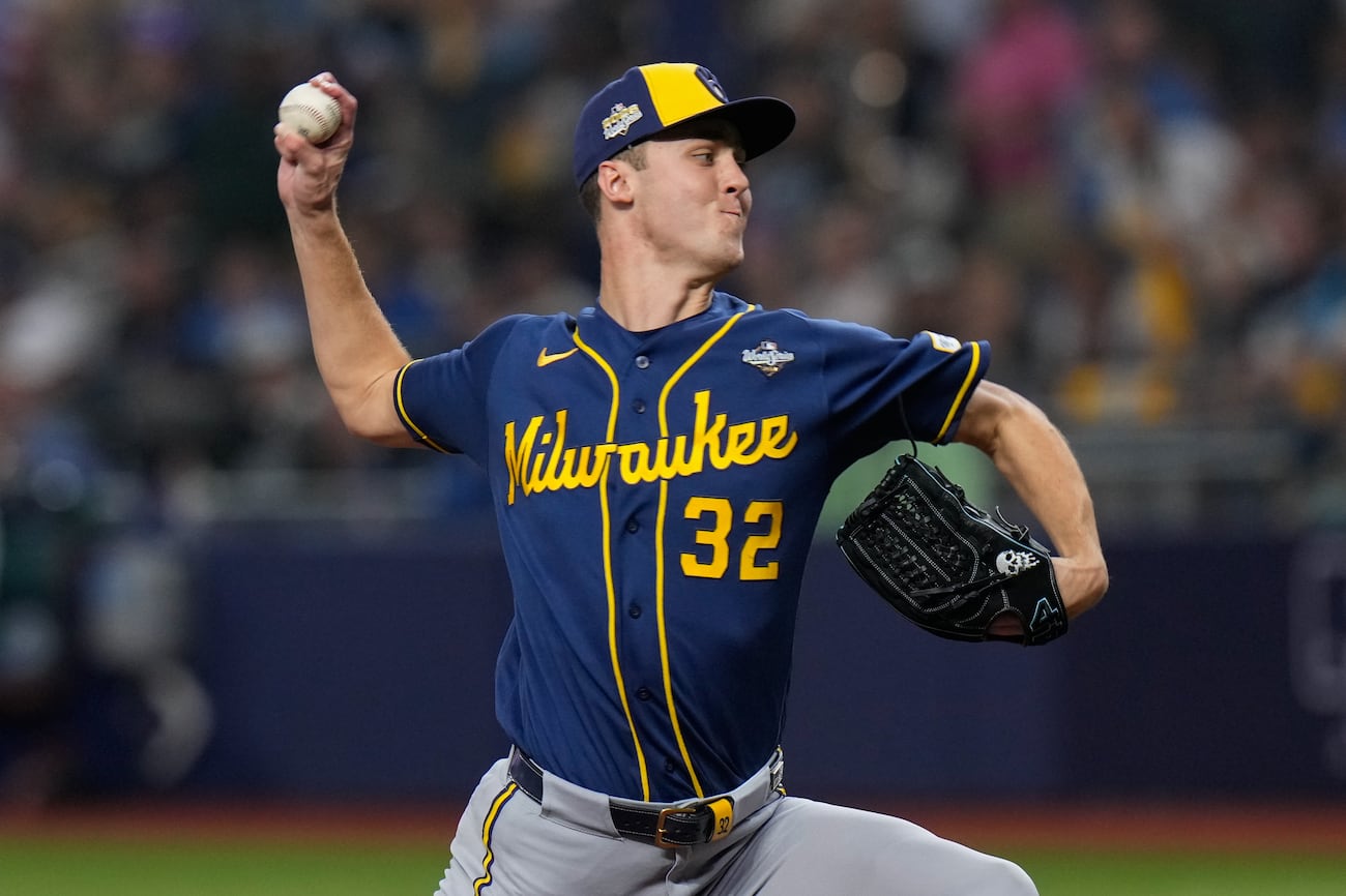 Milwaukee Brewers pitcher Jacob Misiorowski throws during the first inning of Game 5 of baseball's World Series, Wednesday, Oct. 28, 2026, in St. Petersburg, Fla., between the Milwaukee Brewers and the Tampa Bay Rays
