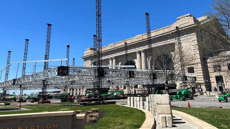 The NFL Draft stage being constructed in front of Union Station on April 12, 2023.