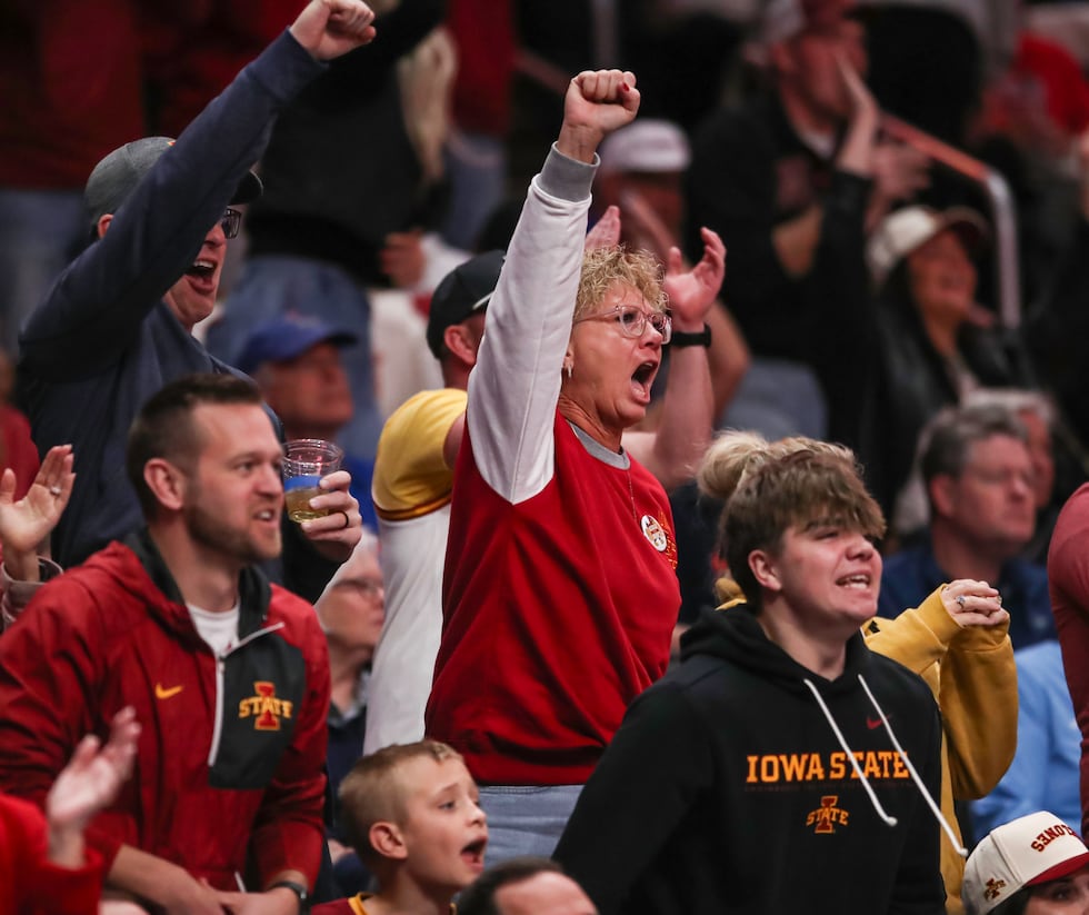 Iowa State fans celebrate during a Big 12 Tournament quarterfinal win over Texas Tech on March...