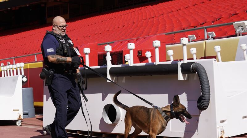 Kansas City, Missouri, police shared a picture of Detective Jobe and K-9 Flick at arrowhead...
