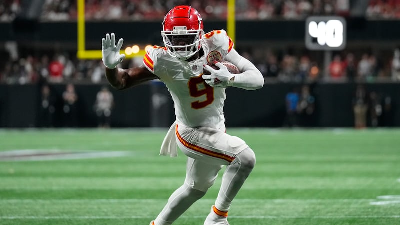 Kansas City Chiefs wide receiver JuJu Smith-Schuster (9) runs toward the end zone for a...
