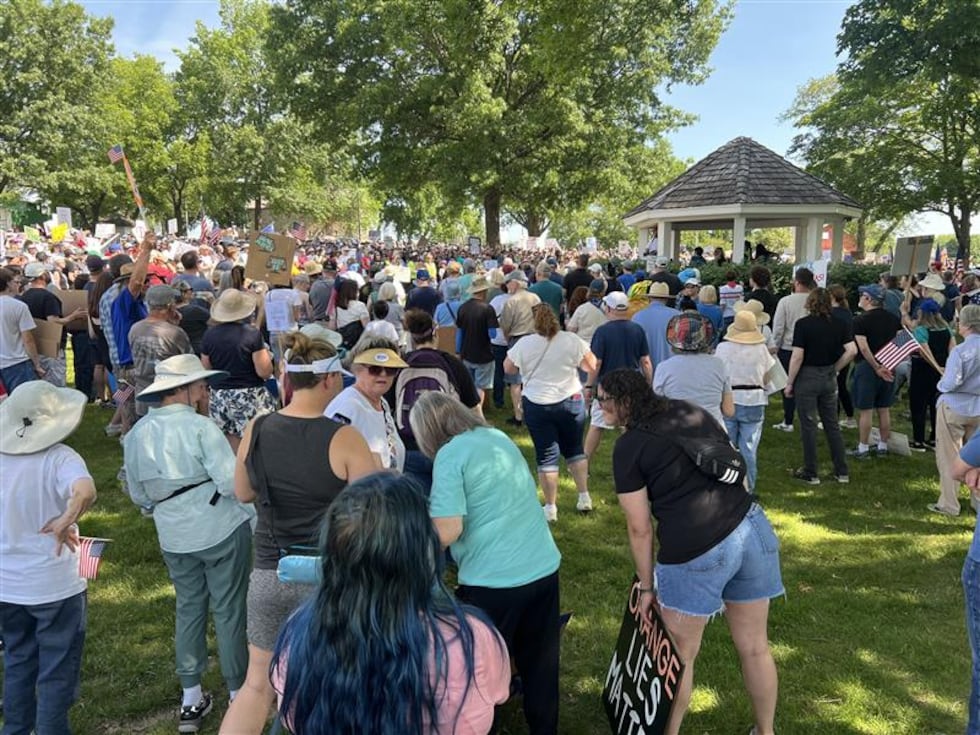 This is a photo from the 'No Kings' protest at Sar-Ko-Par Trails Park in Lenexa