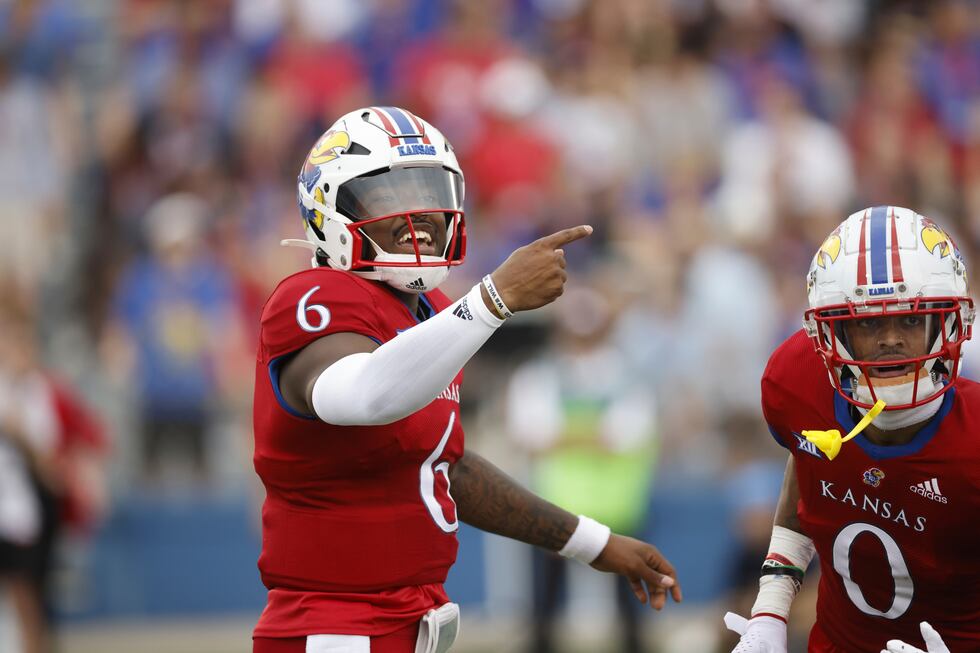 Kansas quarterback Jalon Daniels (6) during an NCAA football game on Saturday, Sept. 23, 2023...