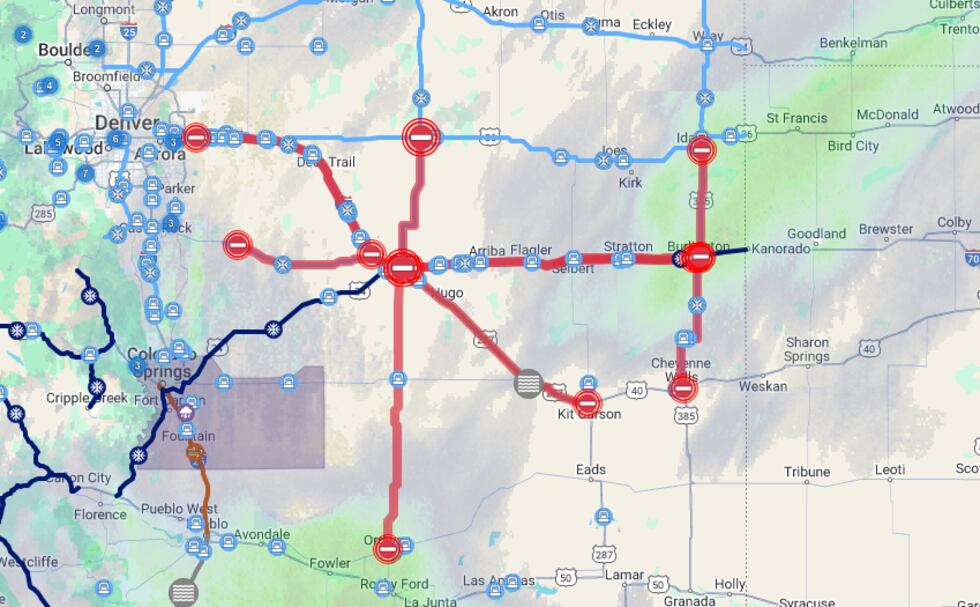 I-70 is closed east of Denver to the Kansas state line due to adverse road conditions.