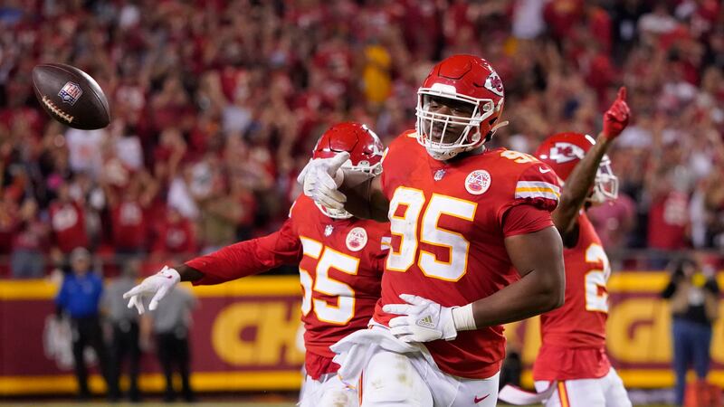 Kansas City Chiefs defensive tackle Chris Jones (95) celebrates after sacking Las Vegas...