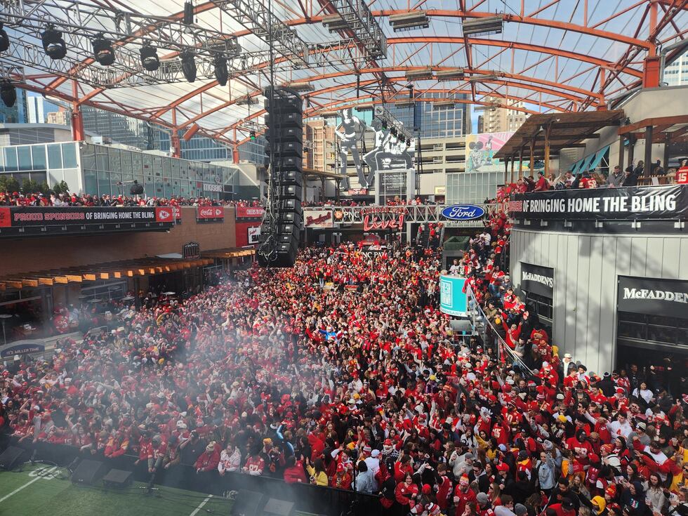 The Kansas City Power and Light District is packed as Chiefs fans gather to watch Super Bowl...