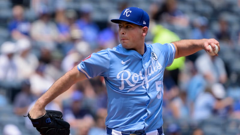 Kansas City Royals starting pitcher Kris Bubic throws to a Detroit Tigers batter during the...