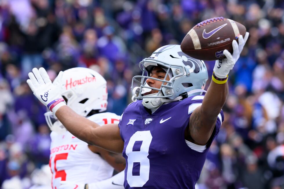 Kansas State wide receiver Phillip Brooks celebrates his touchdown against Houston during the...