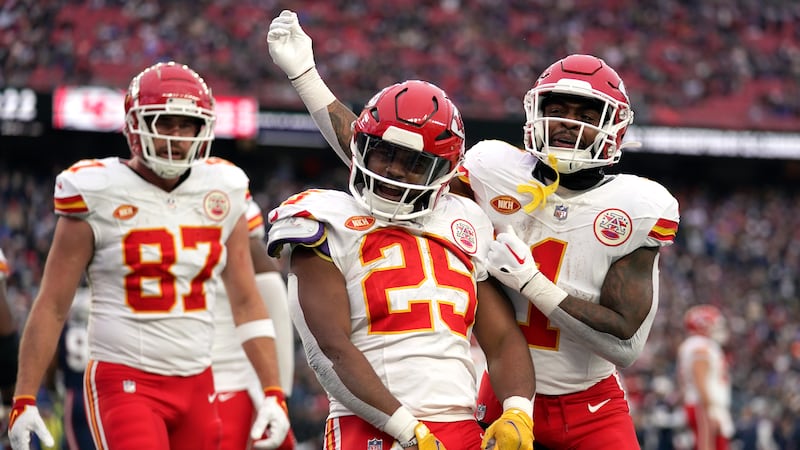 Kansas City Chiefs running back Clyde Edwards-Helaire (25) celebrates after his touchdown with...
