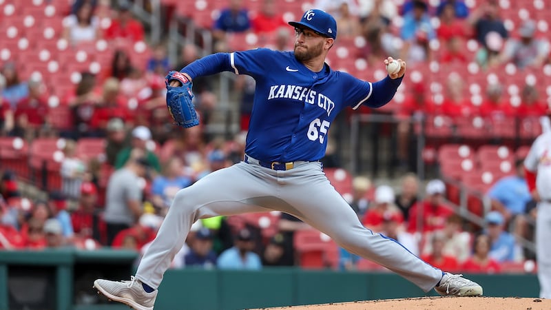 Kansas City Royals starting pitcher Noah Cameron throws during the first inning in the first...