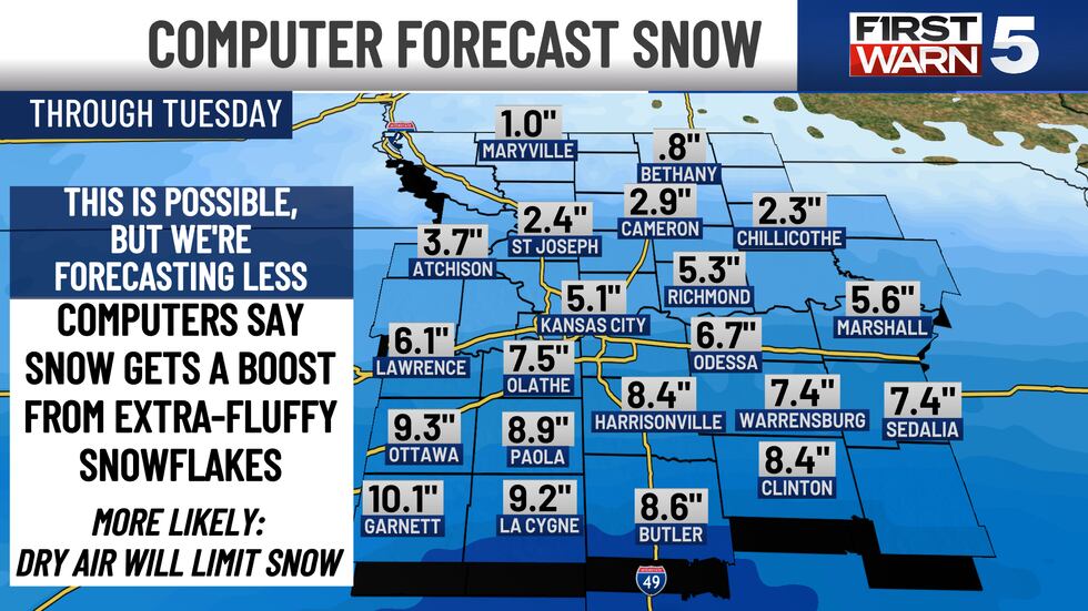 The forecasted amound of snowfall for the Kansas City area on Feb. 18, 2025.