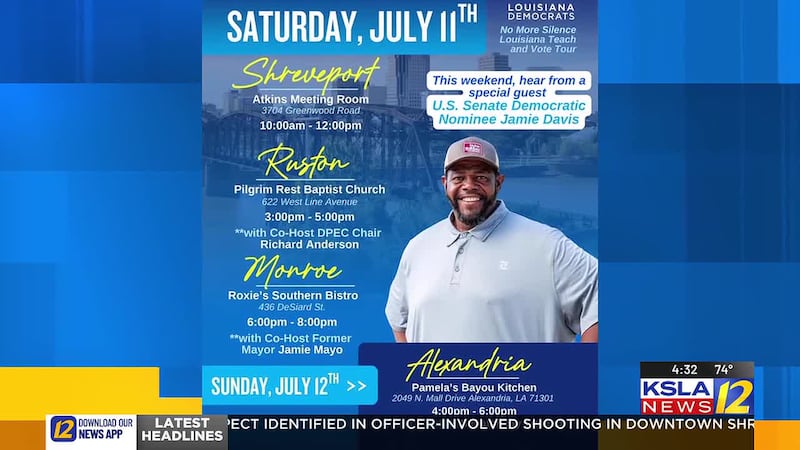 The Louisiana Democratic US Senate nominee, Jamie Davis, is coming to Shreveport.