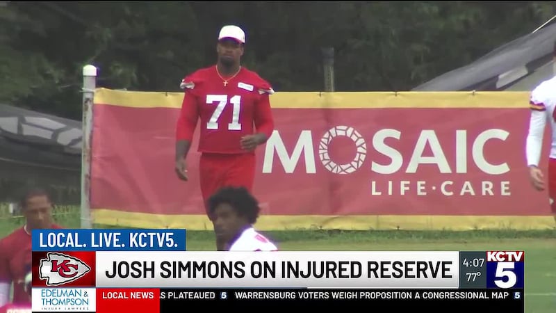 Kansas City Chiefs left tackle Josh Simmons is being placed on injured reserve due to a back...